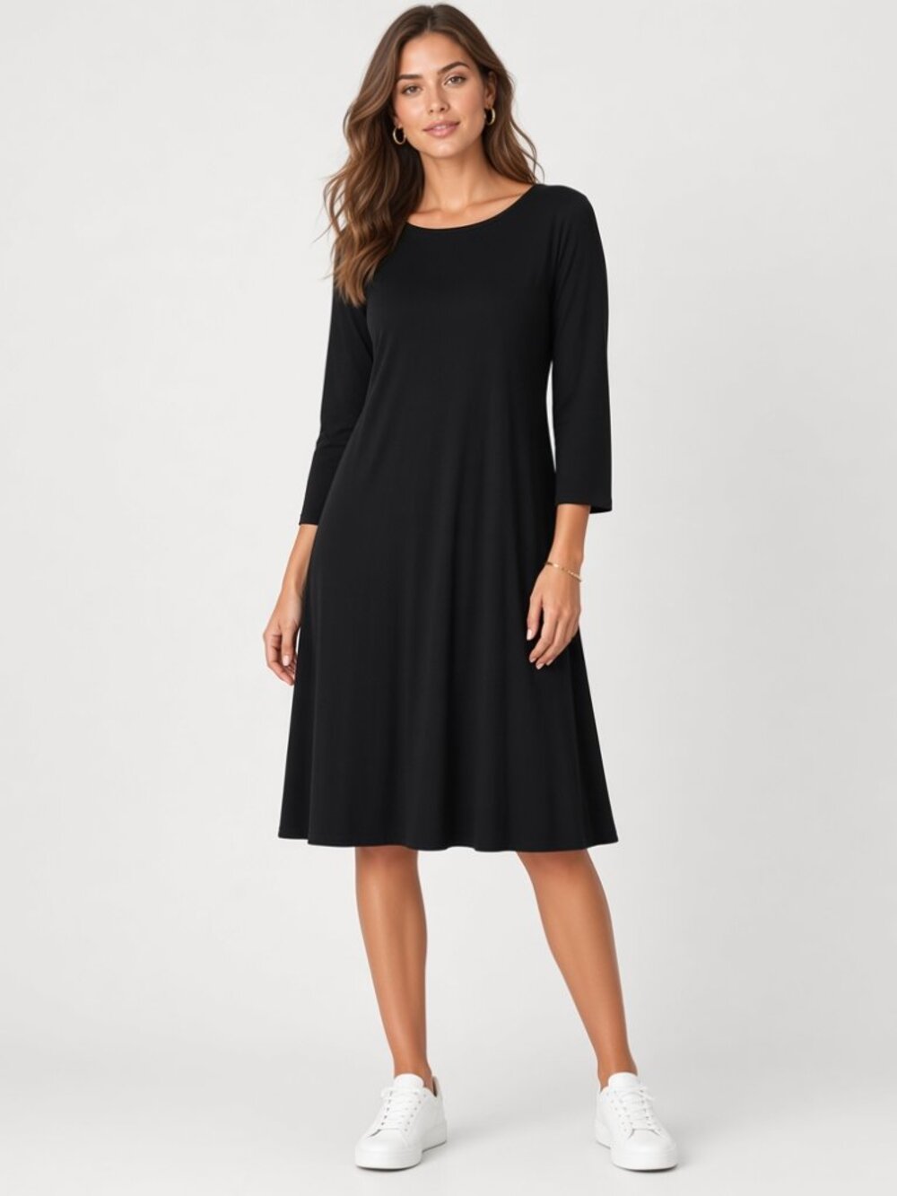 Eileen Fisher Black Stretch Lyocell Long Sleeves Dress - Made in USA